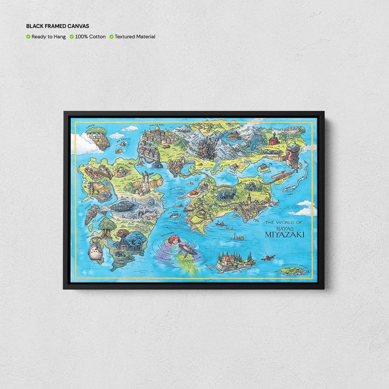 Explore the magical worlds of Hayao Miyazaki with this beautifully illustrated Ghibli-inspired fantasy map print.