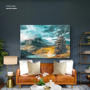 May include: Gallery canvas art print featuring a fantastical landscape with a large, moving castle and a snow-capped mountain. The artwork has a watercolor style with a color palette of blues, greens, and yellows. The text "Product in image" and "GALLERY CANVAS" is visible.