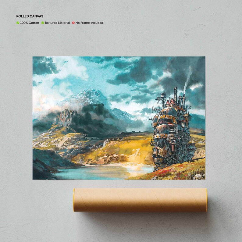 May include: Rolled canvas print featuring a watercolor illustration of a fantastical, steampunk-inspired castle with a mountain backdrop. The artwork showcases a vibrant landscape with a lake, mountains, and a cloudy sky. The text "ROLLED CANVAS" is visible.