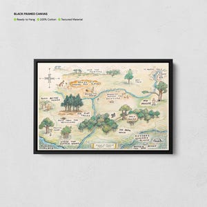 Impression de carte en bois de 100 acres, toile carte de Winnie l'ourson, décoration de chambre d'enfants, art mural pour chambre d'enfant, carte fantastique, cadeau photo Winnie, art de la bande dessinée