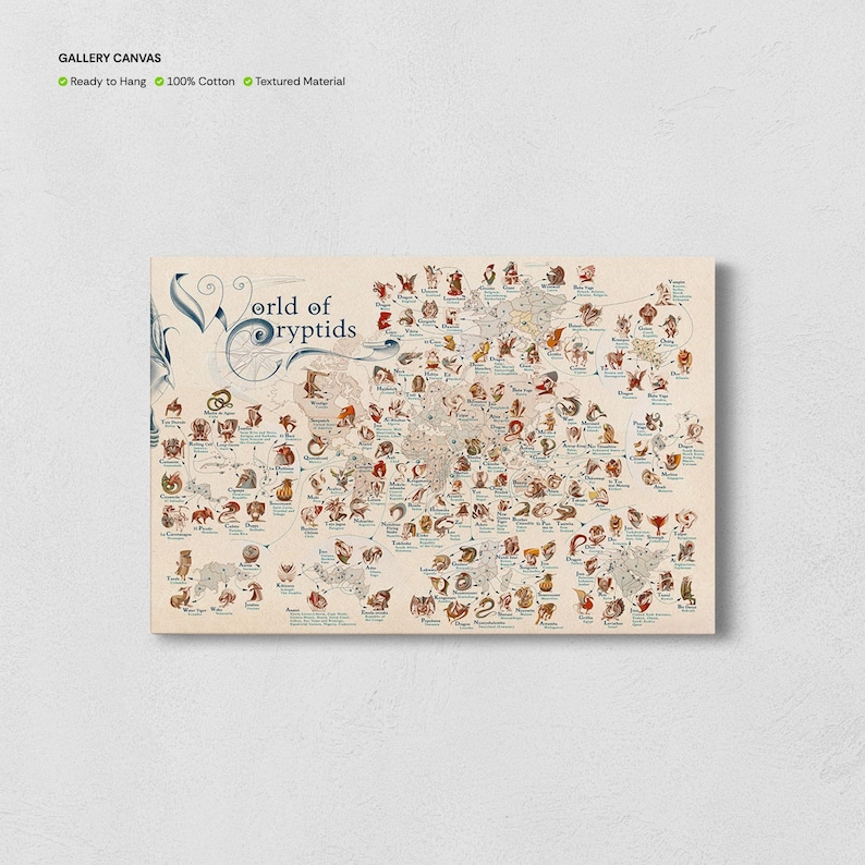World of Cryptids Print, Map of Mythical Beasts Canvas, Cryptid Wall ...