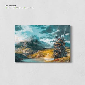 May include: A canvas print featuring a landscape with a large, detailed, steampunk-style moving castle. The artwork has a mountain range in the background, a lake, and a cloudy sky. The canvas is ready to hang, made of 100% cotton, and has a textured material.