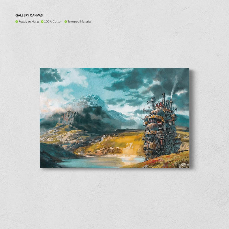 May include: A canvas print featuring a landscape with a large, detailed, steampunk-style moving castle. The artwork has a mountain range in the background, a lake, and a cloudy sky. The canvas is ready to hang, made of 100% cotton, and has a textured material.