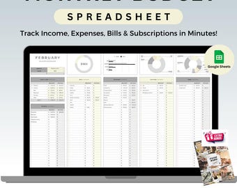 May include: A laptop computer screen displaying a monthly budget spreadsheet template in Google Sheets. The spreadsheet is titled "February" and includes sections for income, expenses, bills, and subscriptions. The spreadsheet also includes a pie chart and bar graphs. The text "Digital Budget Tool for Beginners and Pros" and "Bonus: Vision Board Template" is displayed below the laptop.
