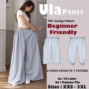 Puede incluir: Un patrón de costura digital para pantalones Ula con instrucciones escritas en formato PDF. La imagen muestra dos estilos de pantalones anchos con un patrón de cuadros vichy azul y blanco, incluyendo detalles de lazo en la cintura y tallas XXS a 3XL.