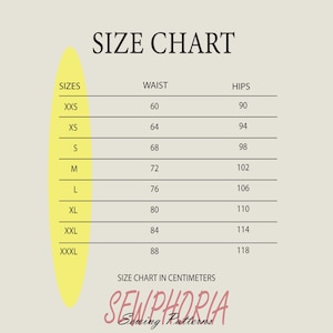 K&ouml;nnte beinhalten: Eine Gr&ouml;&szlig;entabelle in Zentimetern, die Gr&ouml;&szlig;en von XXS bis XXXL mit Taillen- und H&uuml;ftma&szlig;en auflistet. Die Tabelle enth&auml;lt den Text "SIZE CHART" oben und den Markennamen "SEWPHORIA Sewing Patterns" unten.