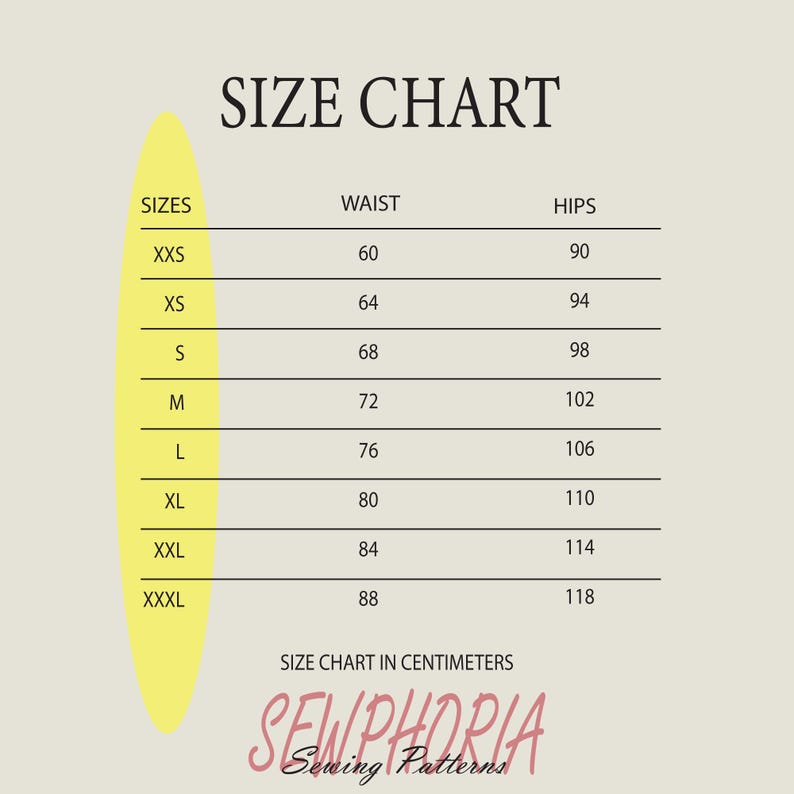 K&ouml;nnte beinhalten: Eine Gr&ouml;&szlig;entabelle in Zentimetern, die Gr&ouml;&szlig;en von XXS bis XXXL mit Taillen- und H&uuml;ftma&szlig;en auflistet. Die Tabelle enth&auml;lt den Text "SIZE CHART" oben und den Markennamen "SEWPHORIA Sewing Patterns" unten.