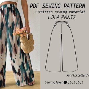 Op de afbeelding: PDF-naaipatroon voor Lola-broeken met een geschreven naaigids. Het patroon is verkrijgbaar in de formaten A4, US Letter en A0. Het naai niveau is beginner.