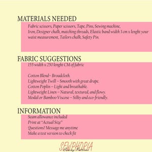 K&ouml;nnte beinhalten: Eine rosa-wei&szlig;e Grafik mit Text, der N&auml;hmaterialien, Stoffvorschl&auml;ge und Informationen auflistet. Zu den Materialien geh&ouml;ren Schere, Klebeband und Kreide. Stoffvorschl&auml;ge sind Baumwollmischung und Leinen. Der Text sagt auch "Druck in Originalgr&ouml;&szlig;e".