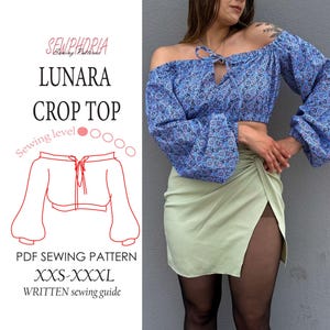 May include: A blue floral crop top with long sleeves and a keyhole neckline is worn with a light green skirt. The image includes a PDF sewing pattern for the "Lunara Crop Top" in sizes XXS-XXXL.