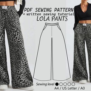 Puede incluir: Un patrón de costura PDF para pantalones Lola, con un diseño de estampado de leopardo blanco y negro. El patrón incluye un tutorial de costura escrito y está disponible en tamaños A4, US Letter y A0.