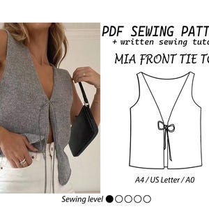 Patrón de costura de chaleco con lazo delantero / Top de verano / Patrón de camiseta sin mangas / Top con lazos / Fácil, apto para principiantes / XXS - XXXL / A0, A4, carta de EE. UU.