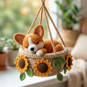 Handgjord virkad Corgi sovande i solroskruka hängande dekor, Corgi blomma bil backspegelhängande, handgjord present till hundälskare