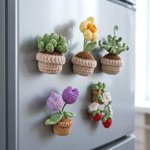 Handgemachter gehäkelter Pflanzenblumen-Kühlschrankmagnet, gehäkelter Tulpen-Magnetdekor, Boho häkeln Küchenakzent, Minitopfpflanzen Geschenk für Mutter
