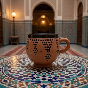 May include: A handcrafted ceramic mug with a brown base and a black rim. The mug features a series of dark blue dot patterns. It sits on a mosaic-tiled table with a colorful geometric design, showcasing a blend of blue, white, and orange hues.