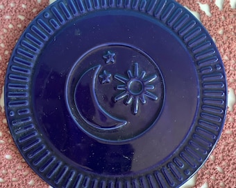 Vintage Cobalt Blue Ceramic Trivet, Celestial Sun Moon and Stars Hot Plate, Round Pottery Kitchen Pot Holder with Cork Back, Whimsical Boho
