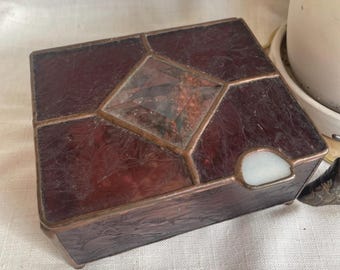 Vintage Stained Glass Jeweley Box with Beveled Diamond Design and Stone Detail