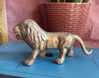 Vintage Solid Brass Lion Figurine, Mid Century Modern Roaring Lion, Trinket Shelf Decor, Leo Astrological Gift