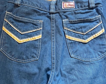 Vintage 1970s La Disco Bell Bottom Jeans with Retro Yellow and White Pocket Details Sz 9