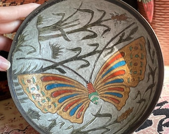 Vintage Brass and Enamel Butterfly Bowl / Made in India