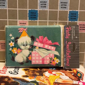 May include: A stack of vintage party invitations featuring a cartoon puppy wearing a party hat and surrounded by gifts and flowers. The invitations are packaged with a matching invitation card. The package includes the text "Party Invitations".