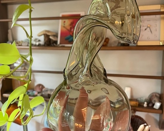 Signed Paper Base Green Glass Vase - 1980s 1990's Glass Art