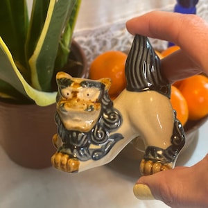 Vintage Glazed Ceramic Foo Dog Figurine | Mini Shisa Guardian Lion
