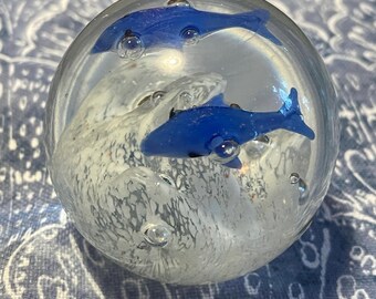 Glass Ball Paperweight with Blue Dolphins / 1990s Glass Art
