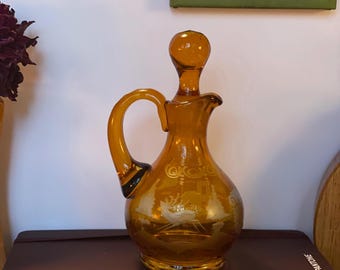 Vintage Amber Glass Cruet with Stopper with  Etched Deer Scene
