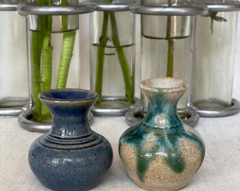 Mini Signed Green and Blue Pottery Vases