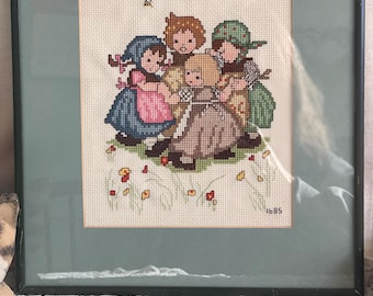 Vintage Framed Cross Stitch | Girls Playing Among Flowers