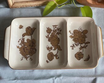 Vintage Divided Dish with Gold Floral & Butterfly Design - Mid-Century Ceramic Tray
