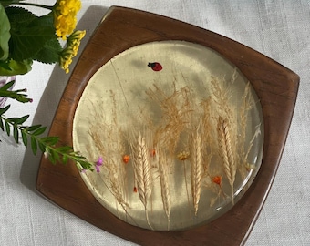 1970s Vintage Resin Wheat and Ladybug Trivet