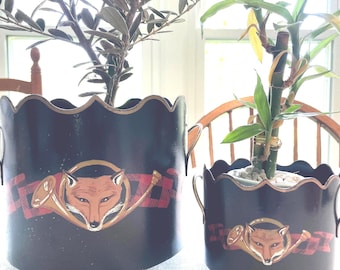 Set of Metal Fox Planters with Brass Accents - Hand Painted Woodland Decor