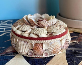 Vintage Seashell Trinket Box | Handmade Round Shell Art Jewelry Box | Beach Cottage Decor | Sailor’s Valentine Box