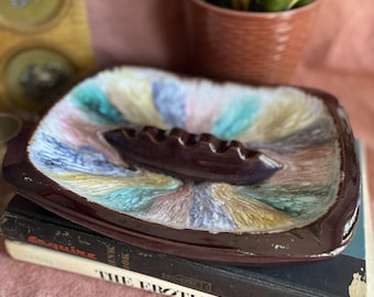 Vintage Mid Century Modern Drip Glaze Ceramic Ashtray - Rectangle Retro 1960s 1970s Pottery Catchall Dish, Atomic Tobacciana Decor