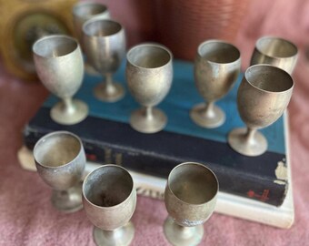Vintage Leonard EPNS Silver Plated Cordial Goblets Set of 10, Miniature Wine Chalices, Aged Silverplate Shot Glasses, Mid Century Barware