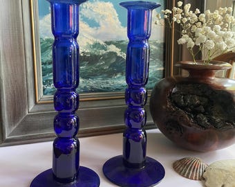 Vintage Hand Blown in Mexico Cobalt Blue Glass Candlesticks - Set of Two