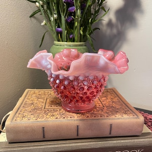Vintage Hobnail Ruffled Glass Bowl - Pink Opalescent Art Glass