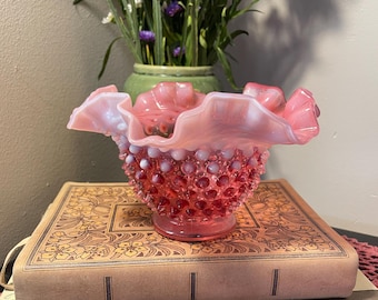 Vintage Hobnail Ruffled Glass Bowl - Pink Opalescent Art Glass