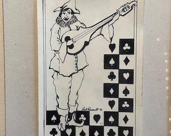Vintage Signed Ink Drawing – Renaissance Musician with Playing Card Motif – Framed Art – 1981