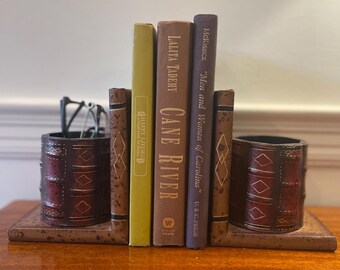 Vintage Faux Leather Bookends with Cup Holders: Library Decor