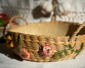 Vintage Round Basket Lined with Handles and Raffia Vegetables