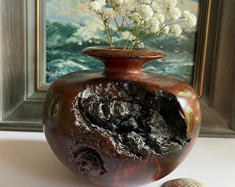 Signed Vintage Burl Wood Hand Turned Bud Vase