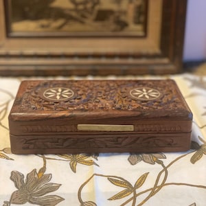 Vintage Hand Carved Wooden Box with Inlay and Brass Handles | Removable Lid