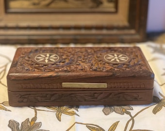 Vintage Hand Carved Wooden Box with Inlay and Brass Handles | Removable Lid