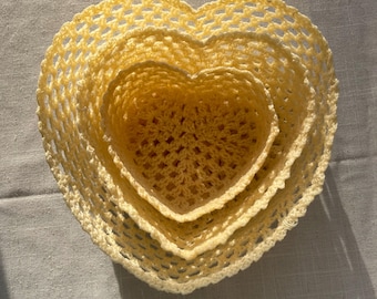 Yellow Heart Shaped Baskets - Set of Three - Butter Yellow - Handcrafted Crochet