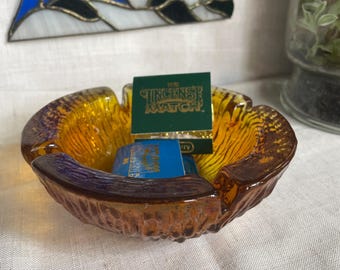 Vintage Anchor Hocking Soreno Amber Glass Ashtray | Mid Century Modern Honey Gold Ripple Catchall Dish | 1960s Retro Bark Textured Tobaccian