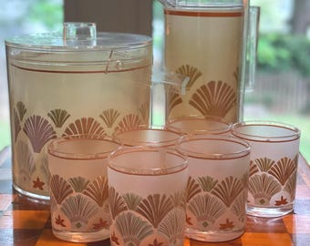 Vintage Stotter Acrylic Seashell Print Bar Set - Ice Bucket, Pitcher, and Six Cups