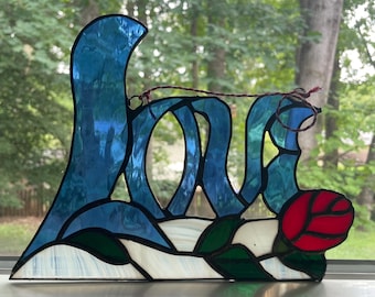 Handmade Stained Glass LOVE Suncatcher with Red Rose | Blue Glass Word Art Window Hanging | Romantic Floral Home Decor, Valentine's Day Gift